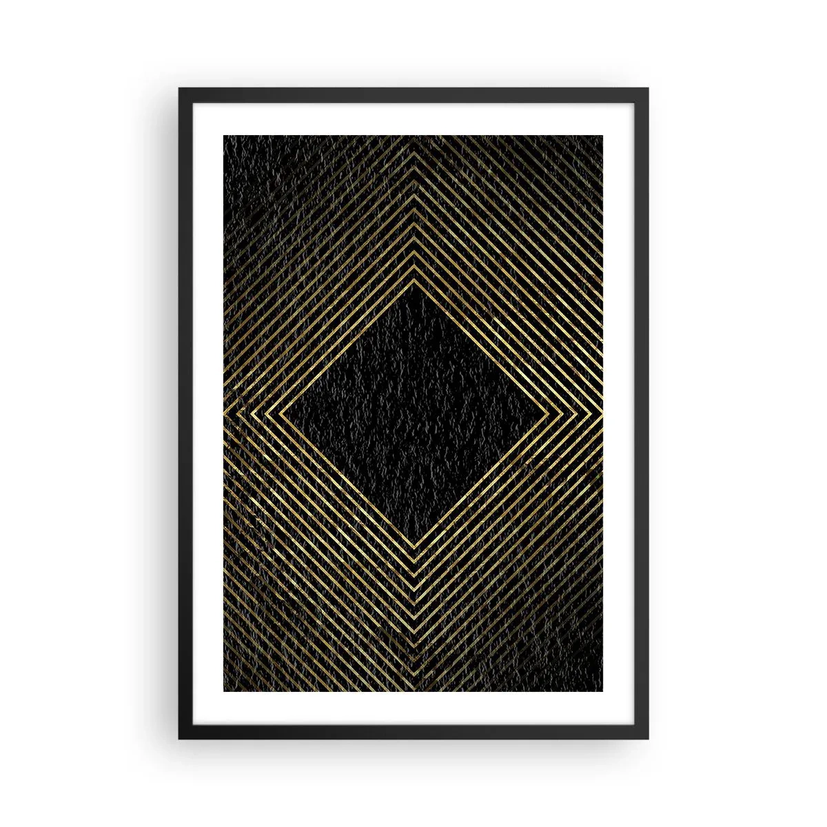 Affisch i svart ram - Gyllene geometriska linjer på svart bakgrund - 50x70cm - Geometri i glamourstil - Modern väggdekoration för vardagsrum och sovrum ARTTOR
