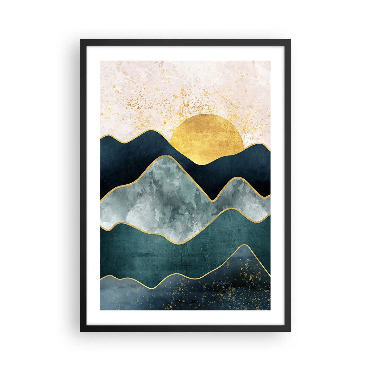 Affisch i svart ram - Abstrakta berg och gyllene sol i bakgrunden - 50x70cm - Bortom bergen - Modern väggdekoration för vardagsrum och sovrum ARTTOR
