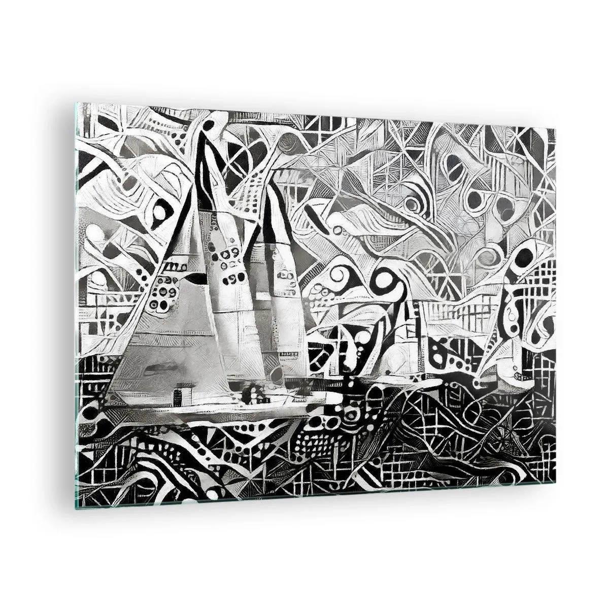 Glastavla - Bild på glas - Svartvit abstraktion med segelbåtar och geometriska mönster - 70x50cm - Mellan vågorna - Modern väggdekoration för vardagsrum och sovrum ARTTOR
