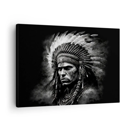Canvastavla - Bild på duk - Porträtt av en hövding i befjädrad huvudbonad mot svart bakgrund - 70x50cm - Hövding och krigare - Modern väggdekoration för vardagsrum och sovrum ARTTOR