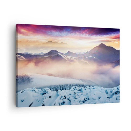 Canvastavla - Bild på duk - Snötäckta berg i gryningen med en färgglad himmel - 70x50cm - Naturens styrka och renhet - Modern väggdekoration för vardagsrum och sovrum ARTTOR