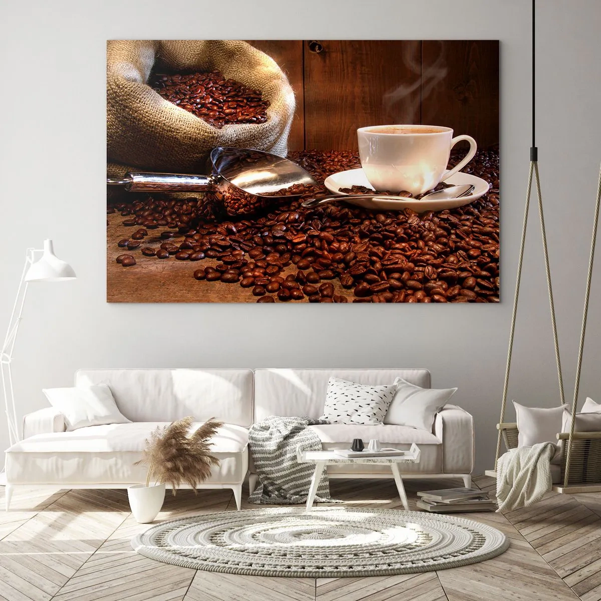 Glastavla - Bild på glas - En kopp kaffe mot en bakgrund av bönor och en jutepåse - 70x50cm - Känner du lukten? - Modern väggdekoration för vardagsrum och sovrum ARTTOR