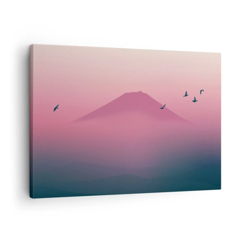 Canvastavla - Bild på duk - Minimalistiskt landskap med berg och fåglar vid soluppgången - 70x50cm - Vandrare över molnen - Modern väggdekoration för vardagsrum och sovrum ARTTOR