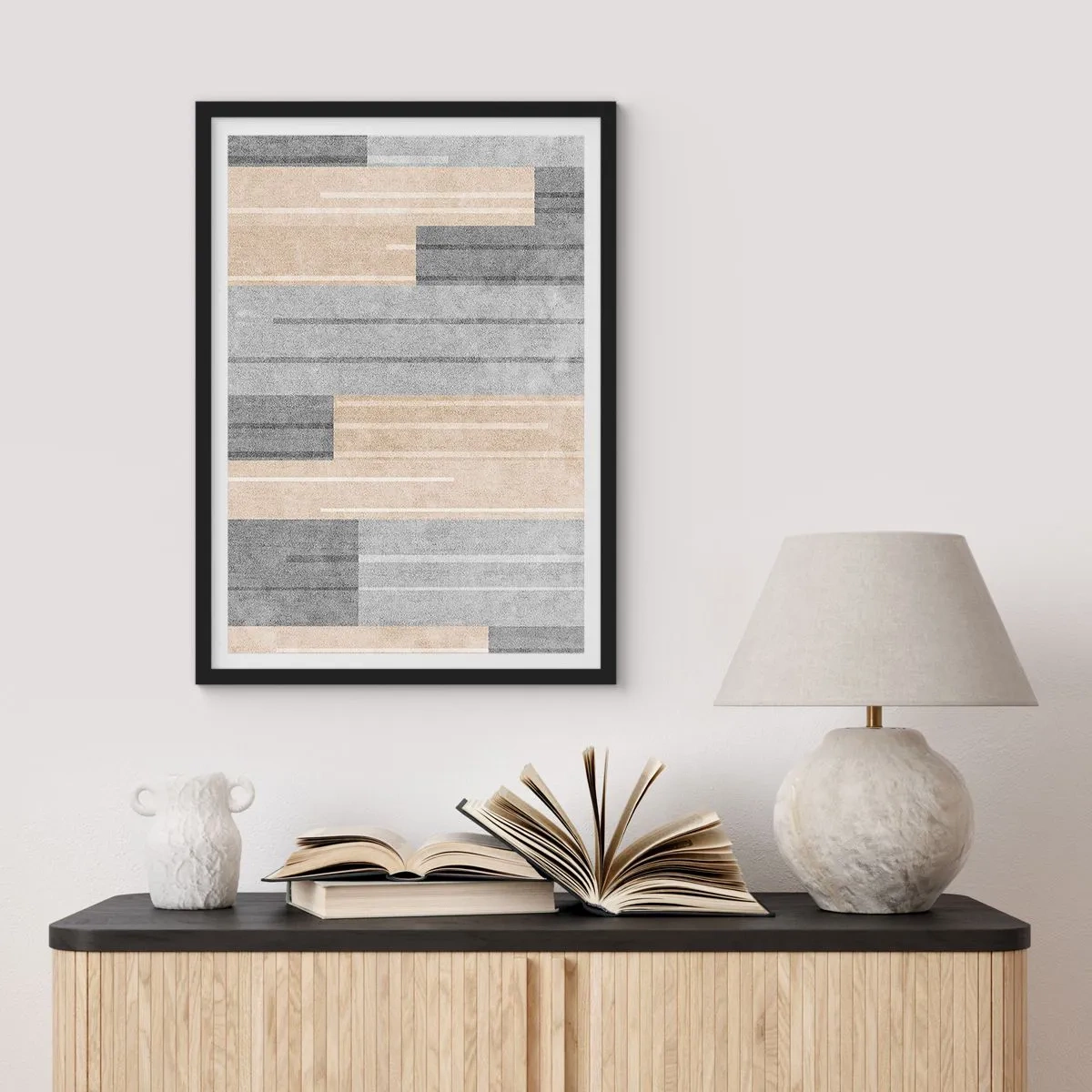 Affisch i svart ram - En modern geometrisk komposition i nyanser av grått och beige - 50x70cm - Komposition: allt i lod - Modern väggdekoration för vardagsrum och sovrum ARTTOR