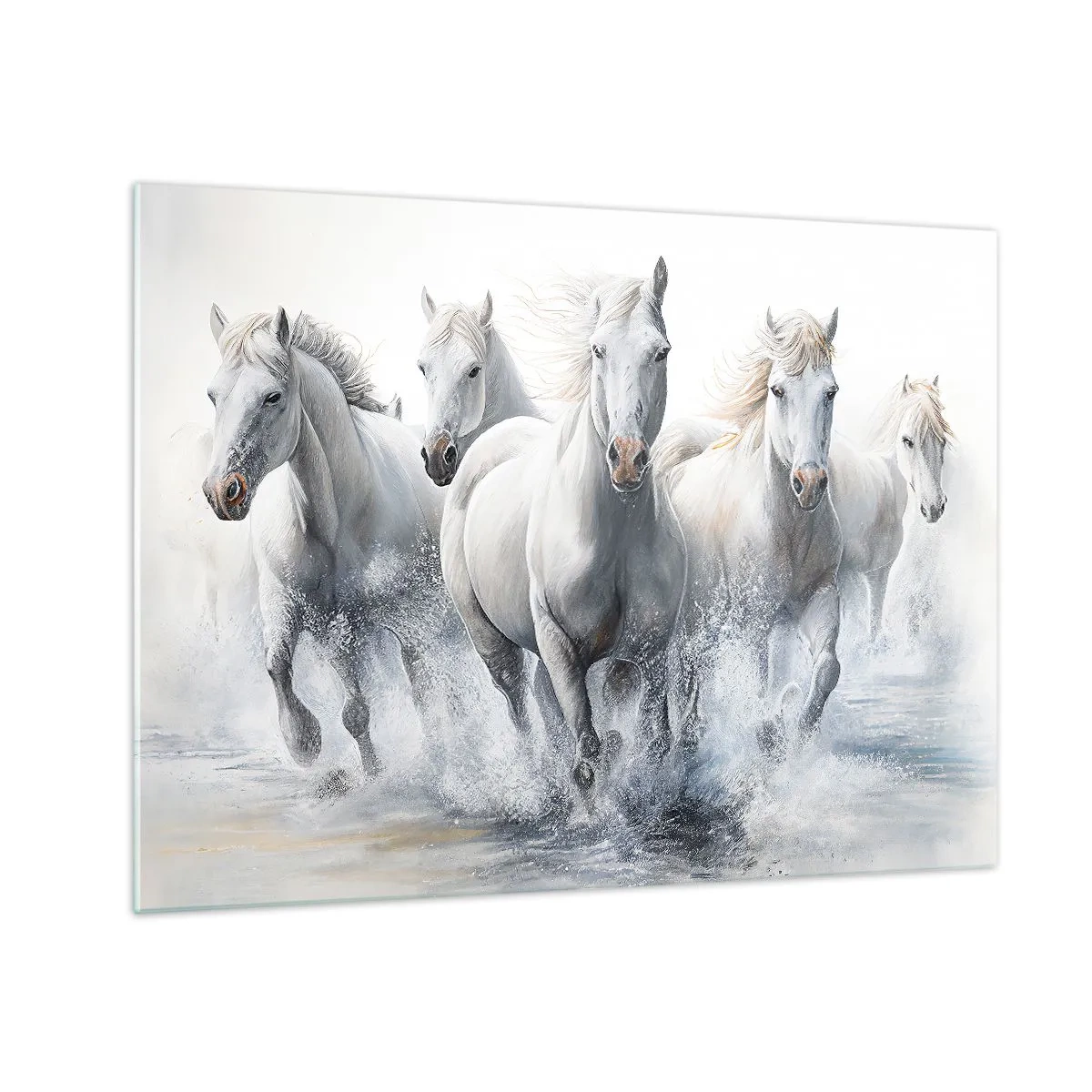 Glastavla - Bild på glas - Vita hästar galopperar genom vatten i en dynamisk komposition - 70x50cm - Vit magi - Modern väggdekoration för vardagsrum och sovrum ARTTOR
