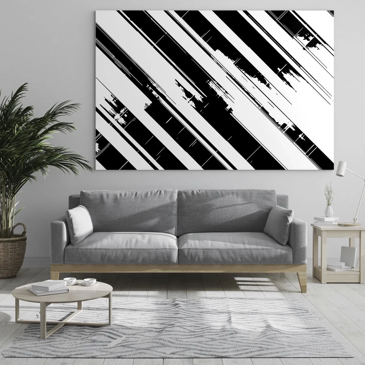 Glastavla - Bild på glas - Dynamiska svartvita ränder med en sliten effekt - 70x50cm - Intensiv och dynamisk komposition - Modern väggdekoration för vardagsrum och sovrum ARTTOR
