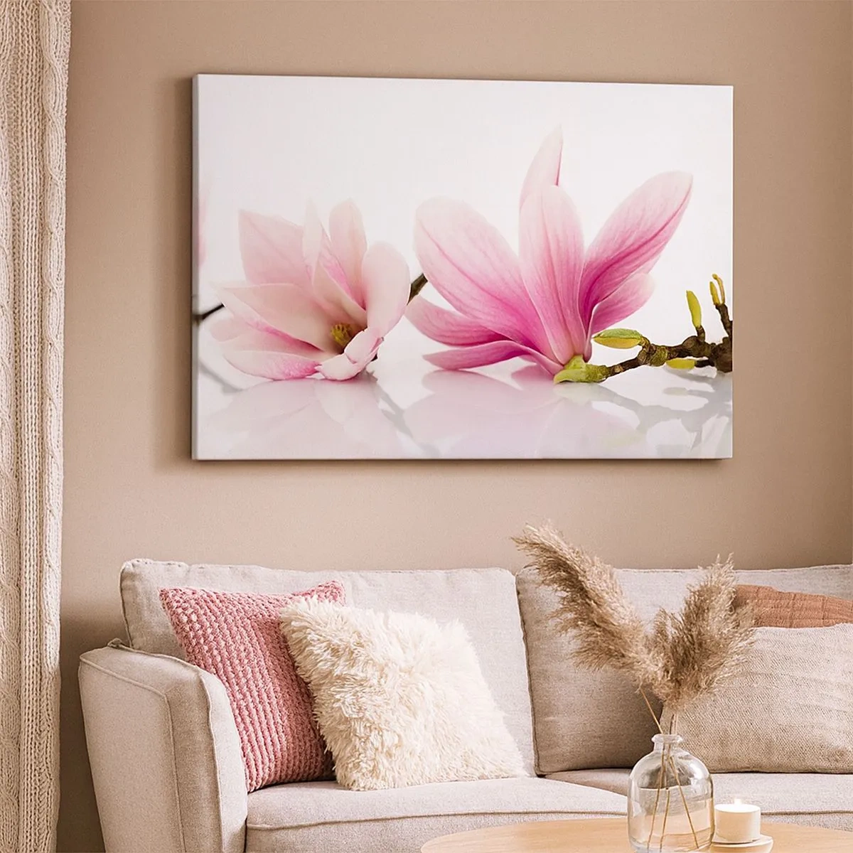 Canvastavla - Bild på duk - Fina rosa magnolior på vit bakgrund - 70x50cm - Lätta som vårkänslan - Modern väggdekoration för vardagsrum och sovrum ARTTOR