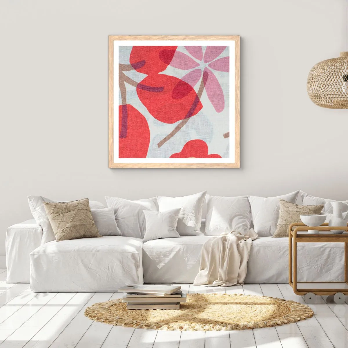 Affisch i ram av ljusek - Blomsterkomposition i rosa - 50x50 cm