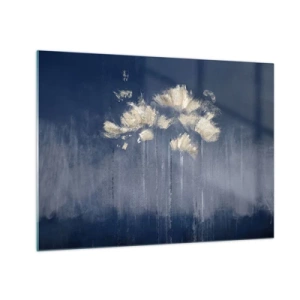 Glastavla - Bild på glas - Abstrakt guldfärgad blomsterarrangemang på marinblå bakgrund - 70x50cm - Som kronblad i vinden - Modern väggdekoration för vardagsrum och sovrum ARTTOR