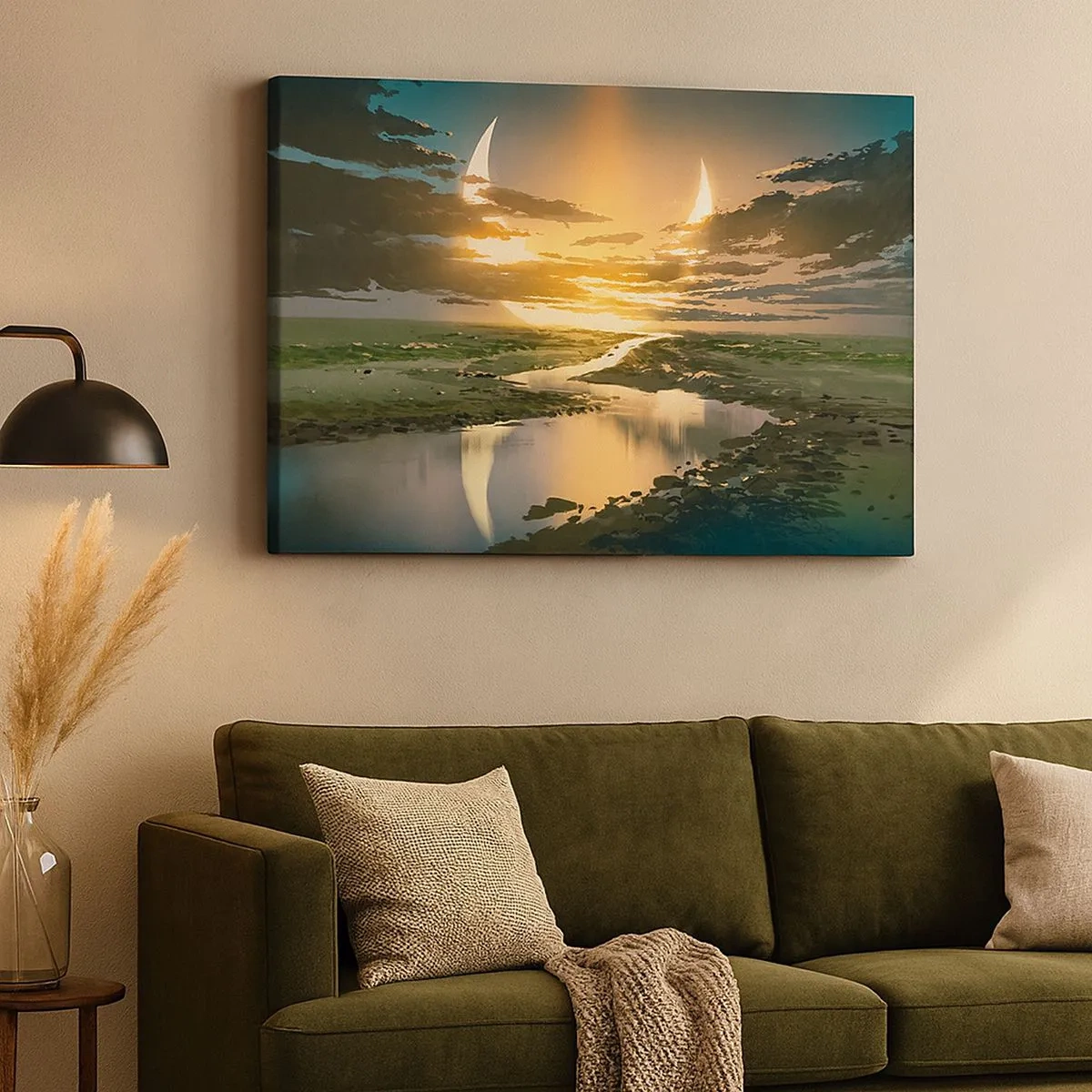 Canvastavla - Bild på duk - Ett fantastiskt landskap med två månar vid horisonten - 70x50cm - Någonstans i en avlägsen galax - Modern väggdekoration för vardagsrum och sovrum ARTTOR