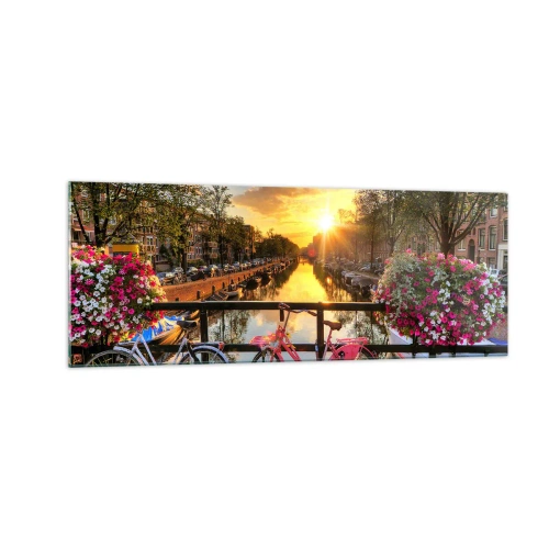 Glastavla - Bild på glas - Vårmorgon i Amsterdam - 140x50 cm