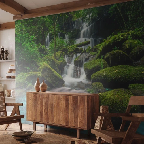 Fototapet Standard Eco - Turkos, safir och flytande silver - Landskap, Vattenfall, Bergsbäck - 250x175 cm