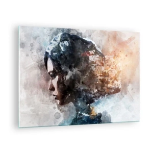 Glastavla - Bild på glas - En profil i akvarellstil av en kvinna med en stad i bakgrunden. - 70x50cm - Berättelse om en tjej med en stad i bakgrunden - Modern väggdekoration för vardagsrum och sovrum ARTTOR
