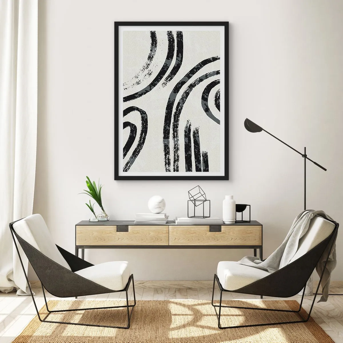 Affisch i svart ram - Abstrakta svarta linjer på en ljus bakgrund - 50x70cm - Halvstoppad - Modern väggdekoration för vardagsrum och sovrum ARTTOR
