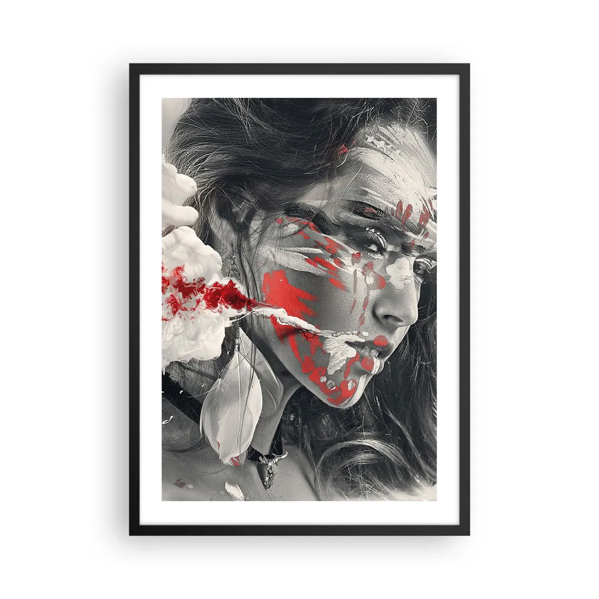 Affisch i svart ram - Konstnärligt porträtt med röd accent - 50x70cm - Röd-vit absurdhet - Modern väggdekoration för vardagsrum och sovrum ARTTOR