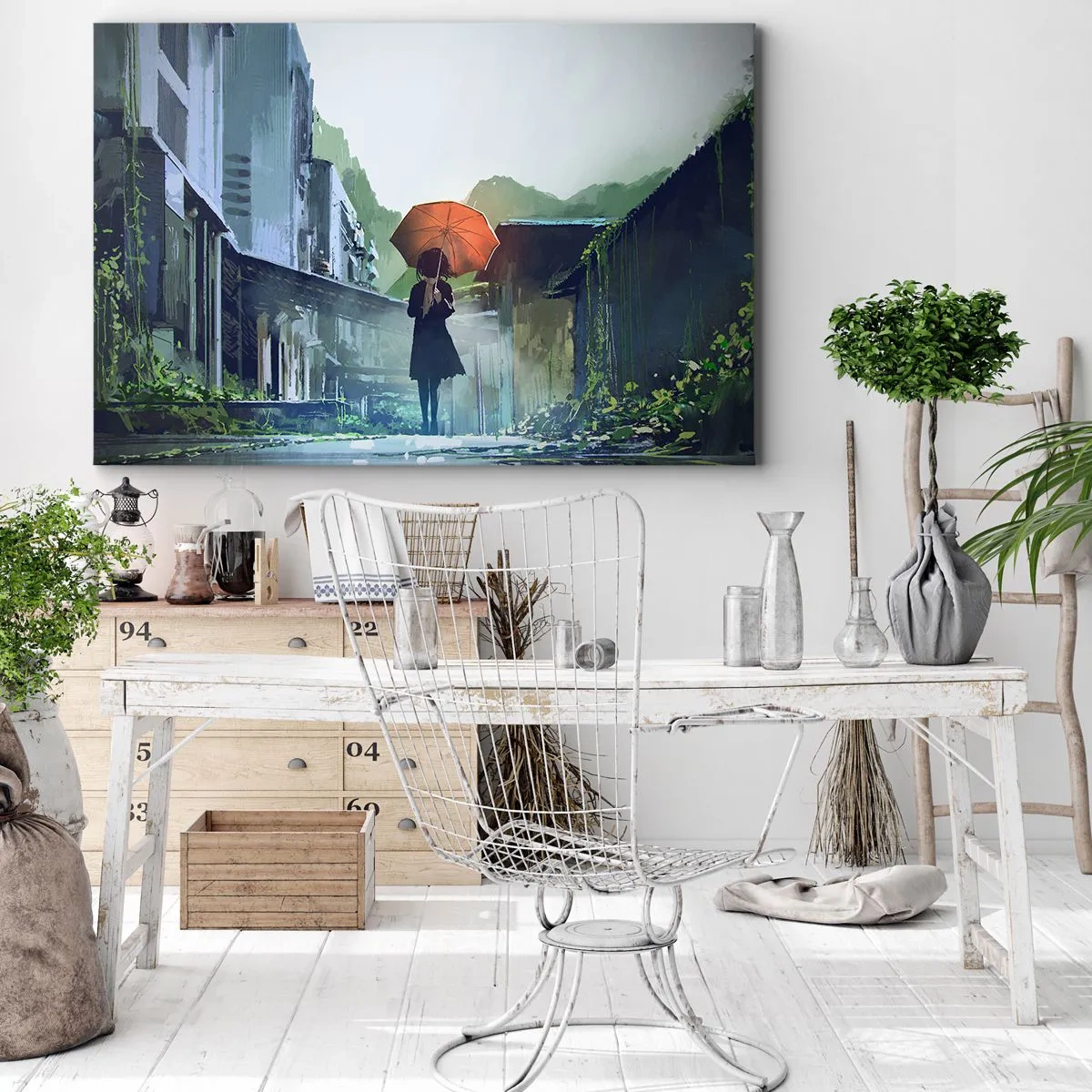 Canvastavla - Bild på duk - En figur med ett paraply i en regnig stad - 70x50cm - Uppfriskande regn - Modern väggdekoration för vardagsrum och sovrum ARTTOR