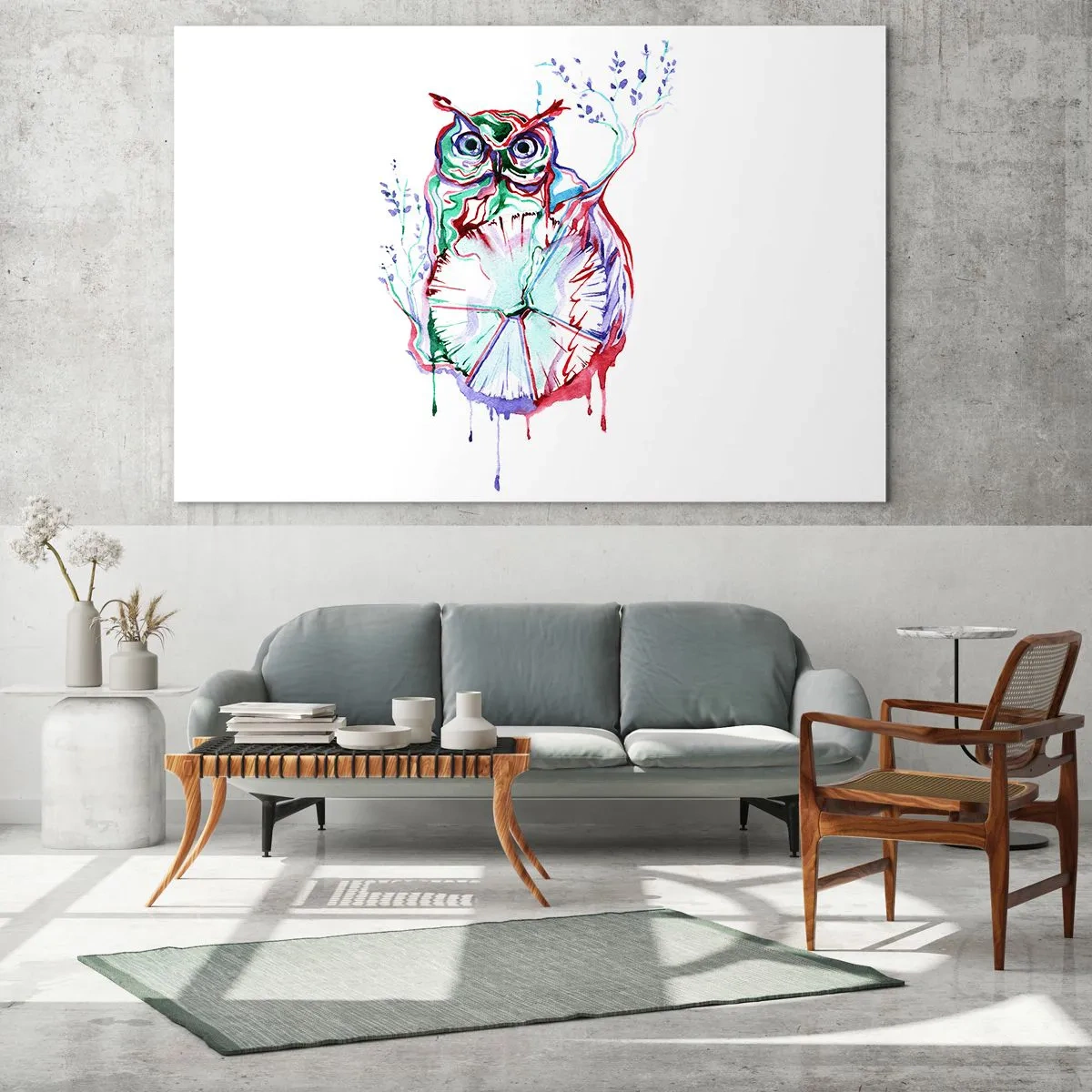 Glastavla - Bild på glas - Abstrakt uggla i en färgglad akvarellkomposition - 70x50cm - Klok ur naturen - Modern väggdekoration för vardagsrum och sovrum ARTTOR
