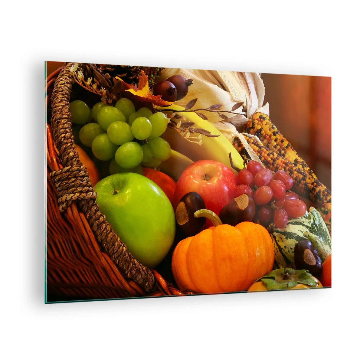 Glastavla - Bild på glas - En korg full med frukt och grönsaker i ett höstarrangemang - 70x50cm - Överflödets korg - Modern väggdekoration för vardagsrum och sovrum ARTTOR