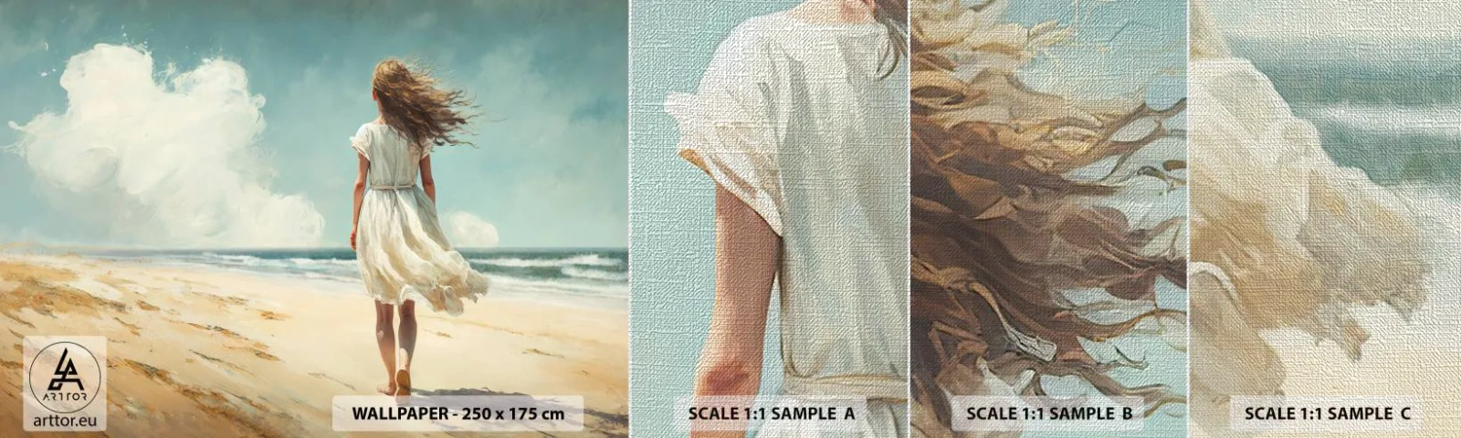 Provbit av fototapet Premium Canvas - Att möta solen och vinden - Flicka, Strand, Gå - 100x30 cm