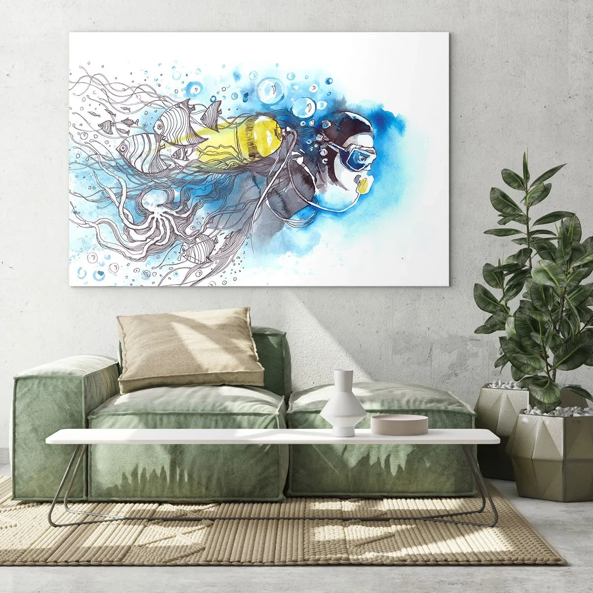 Glastavla - Bild på glas - Dykare under vattnet med fisk i konstnärlig akvarell - 70x50cm - Det stora blåa - Modern väggdekoration för vardagsrum och sovrum ARTTOR