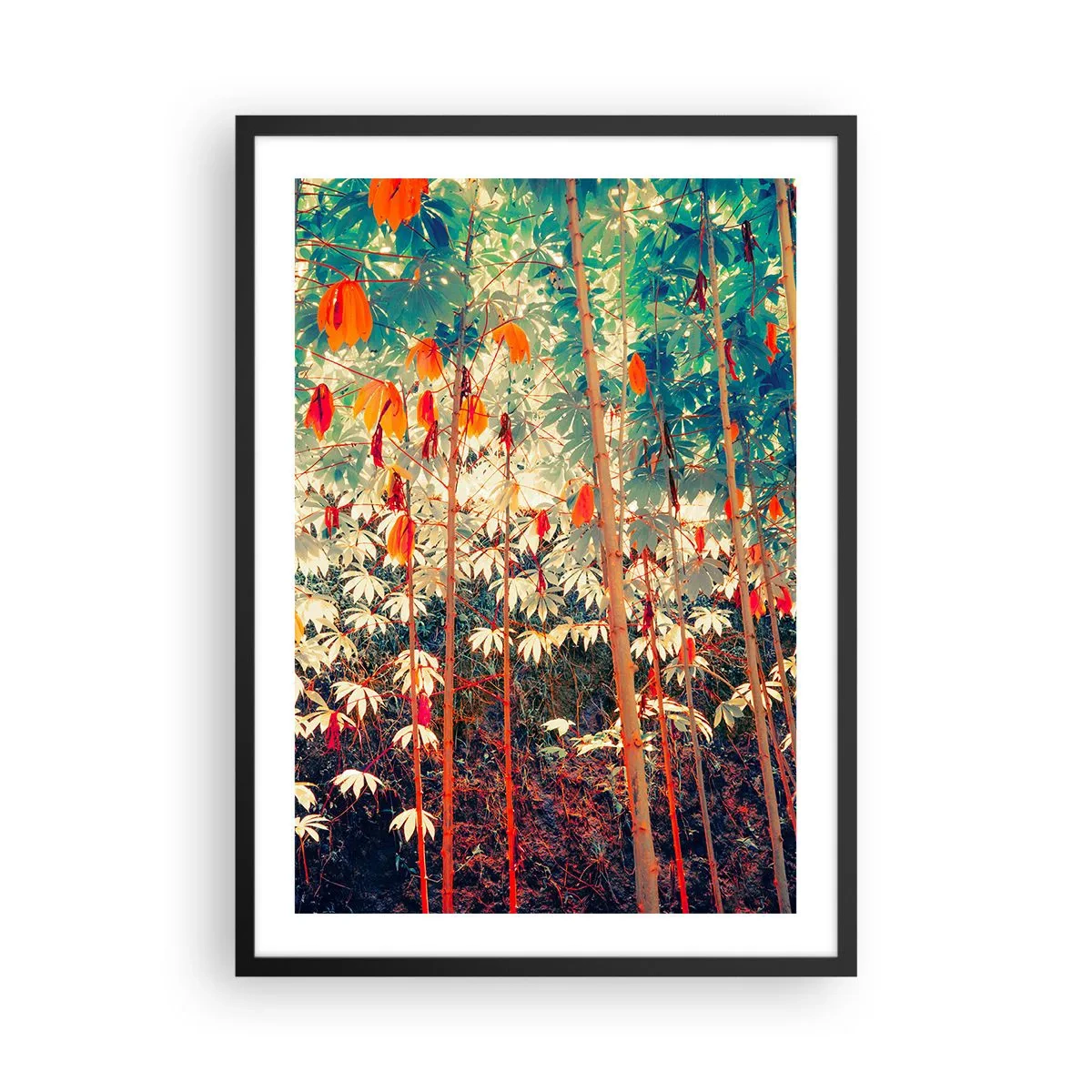 Affisch i svart ram - En färgglad tropisk skog dominerad av rött och grönt - 50x70cm - Lövbladens hemlighetsfulla liv - Modern väggdekoration för vardagsrum och sovrum ARTTOR