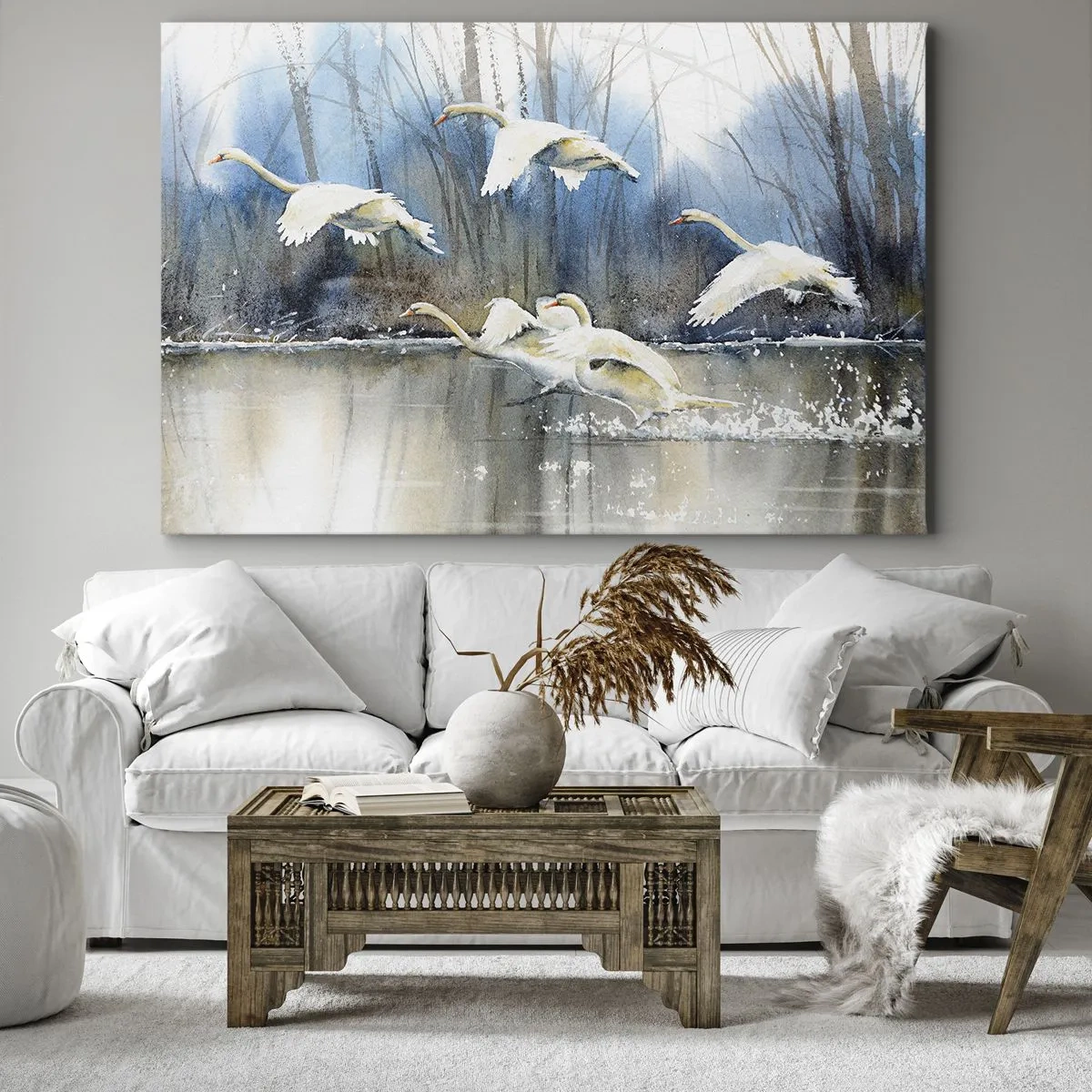 Canvastavla - Bild på duk - Svanar i flykt över en frusen sjö i ett vinterlandskap - 70x50cm - Som i en saga om vilda svanar - Modern väggdekoration för vardagsrum och sovrum ARTTOR