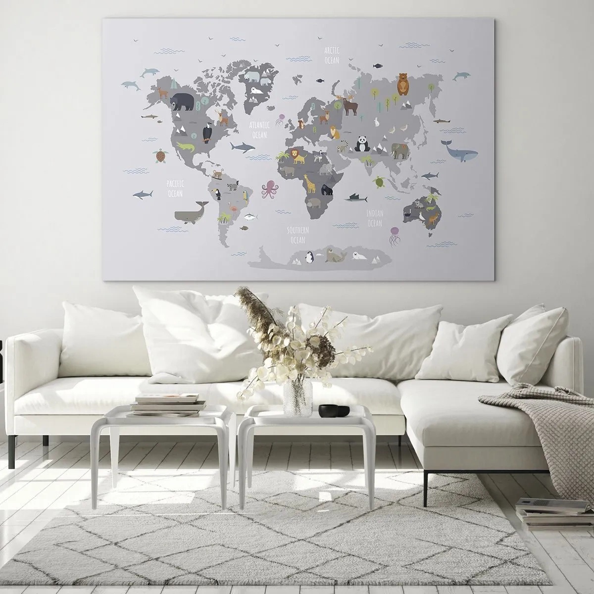 Glastavla - Bild på glas - Illustrerad världskarta med karakteristiska djur - 70x50cm - Säg varifrån du är... - Modern väggdekoration för vardagsrum och sovrum ARTTOR