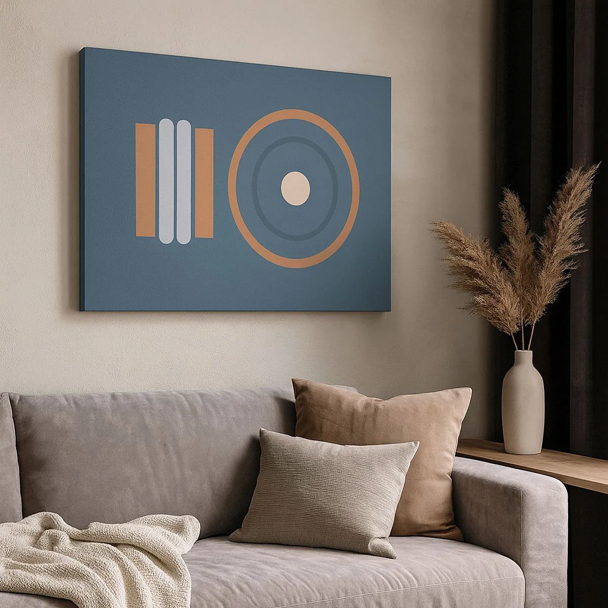 Canvastavla - Bild på duk - En geometrisk komposition med cirklar och rektanglar i dämpade färger. - 70x50cm - Sakens kärna - Modern väggdekoration för vardagsrum och sovrum ARTTOR