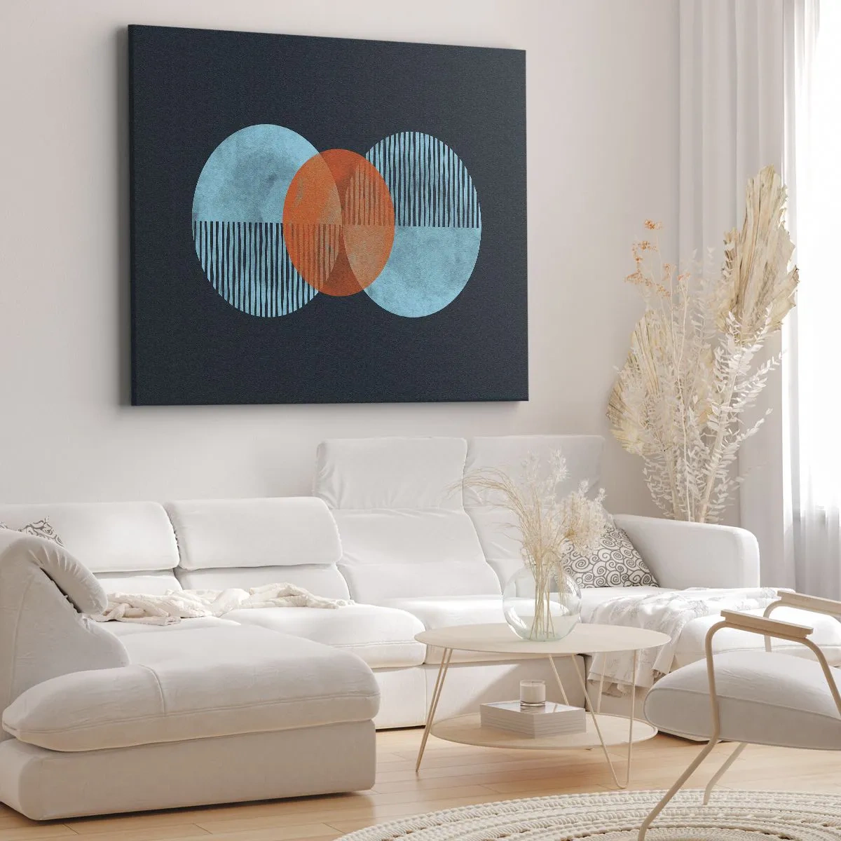 Canvastavla - Bild på duk - Geometriska cirklar i nyanser av blått och orange - 70x50cm - Symmetrisk komposition - Modern väggdekoration för vardagsrum och sovrum ARTTOR