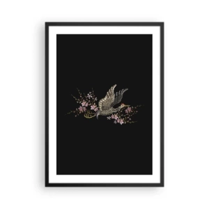 Affisch i svart ram - En trana omgiven av blommande grenar mot en svart bakgrund - 50x70cm - Exotisk, broderad fågel - Modern väggdekoration för vardagsrum och sovrum ARTTOR