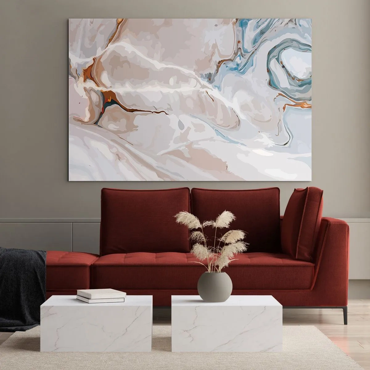 Glastavla - Bild på glas - Blåa meanderlopp under vithet - 120x80 cm