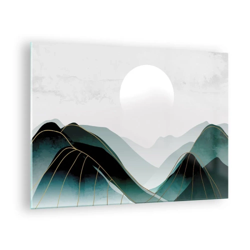 Glastavla - Bild på glas - Berglandskap med en vit sol och gyllene linjer - 70x50cm - I fullt majestät - Modern väggdekoration för vardagsrum och sovrum ARTTOR