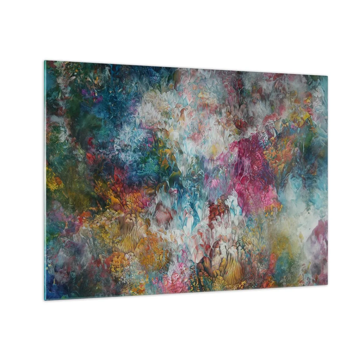 Glastavla - Bild på glas - En abstrakt komposition av färgglada blommor i intensiva färger. - 70x50cm - I full blom - Modern väggdekoration för vardagsrum och sovrum ARTTOR