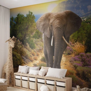 Fototapet Premium Sand - Så såg Edens trädgård ut - Djur, Elefant, Safari - 100x70 cm
