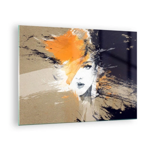 Glastavla - Bild på glas - Abstrakt porträtt av en kvinna med orange accenter - 70x50cm - Och så blir det ljus - Modern väggdekoration för vardagsrum och sovrum ARTTOR