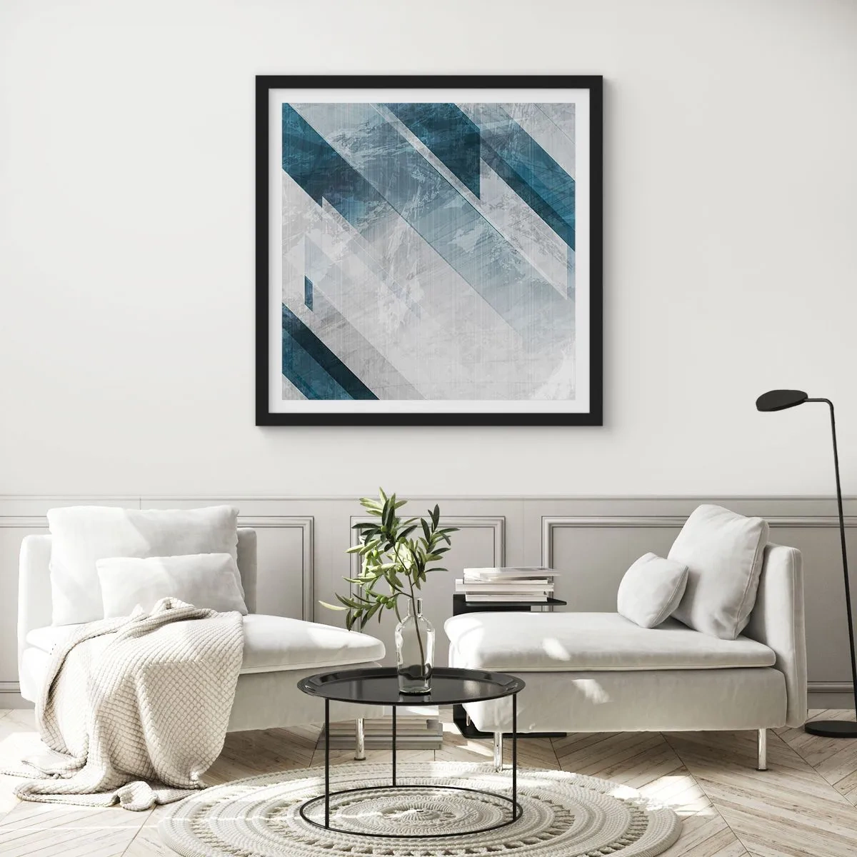 Affisch i svart ram - Tredimensionell komposition – gråhetens rörelse - 30x30 cm