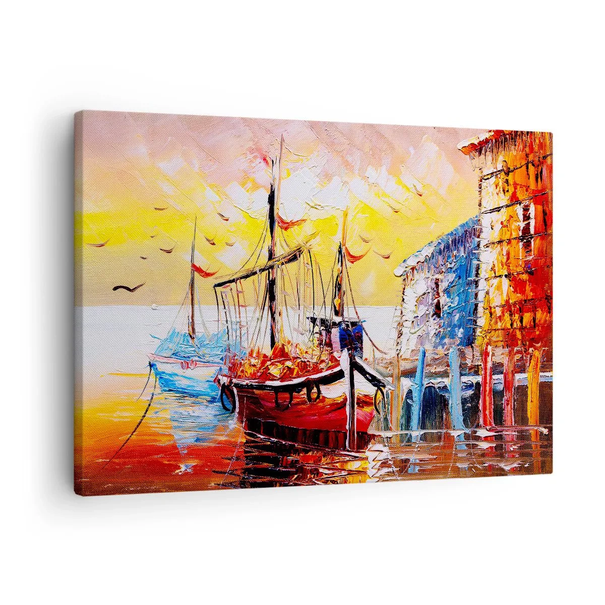 Canvastavla - Bild på duk - Pittoresk hamn vid solnedgången med fiskebåtar - 70x50cm - Lycklig återresa - Modern väggdekoration för vardagsrum och sovrum ARTTOR