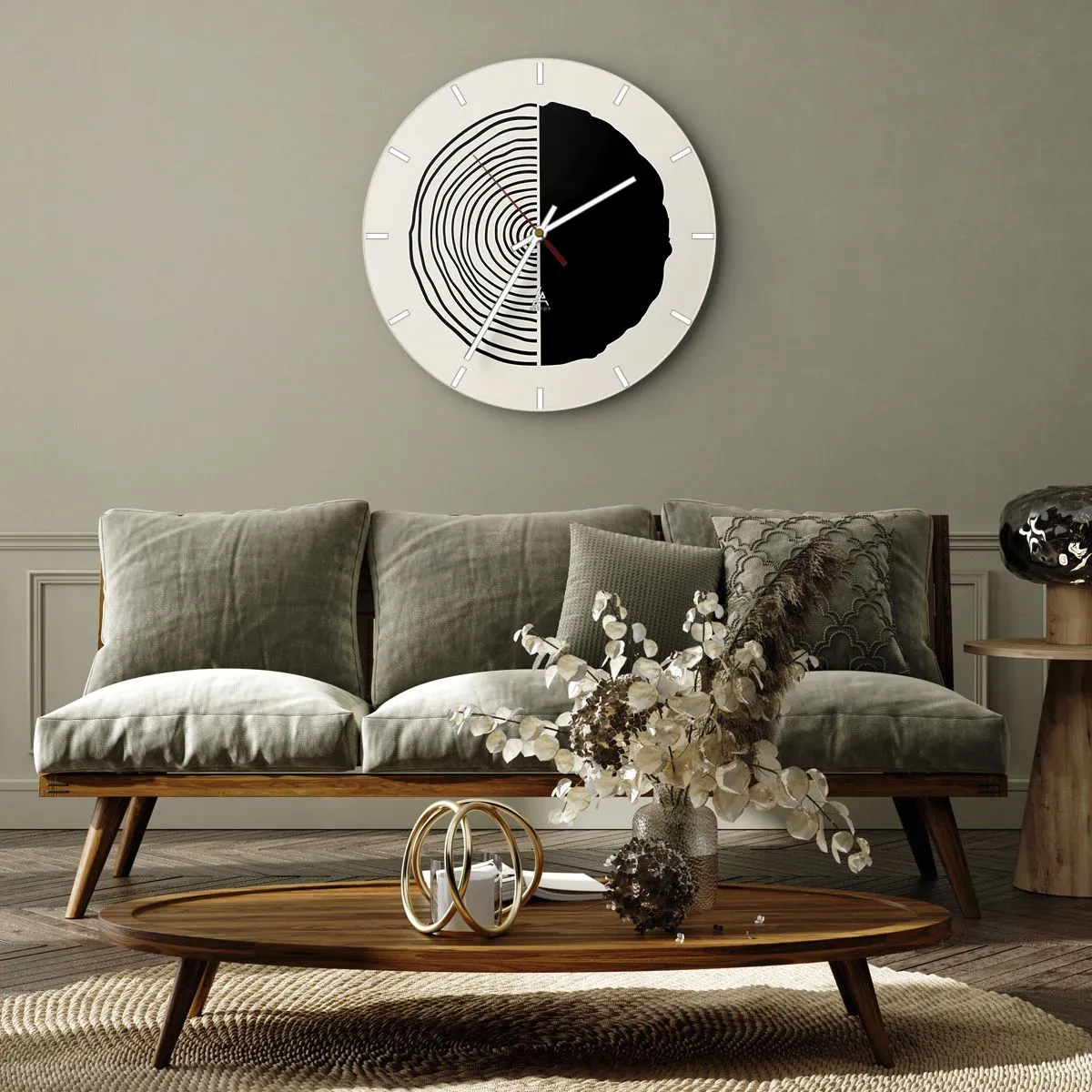 Väggklocka - Klocka på glas - Ett minimalistiskt motiv av ett tvärsnitt av en stam i kontrasterande färger - 30x30cm - Hälften hälften - Modern väggdekoration för vardagsrum, kök och sovrum ARTTOR