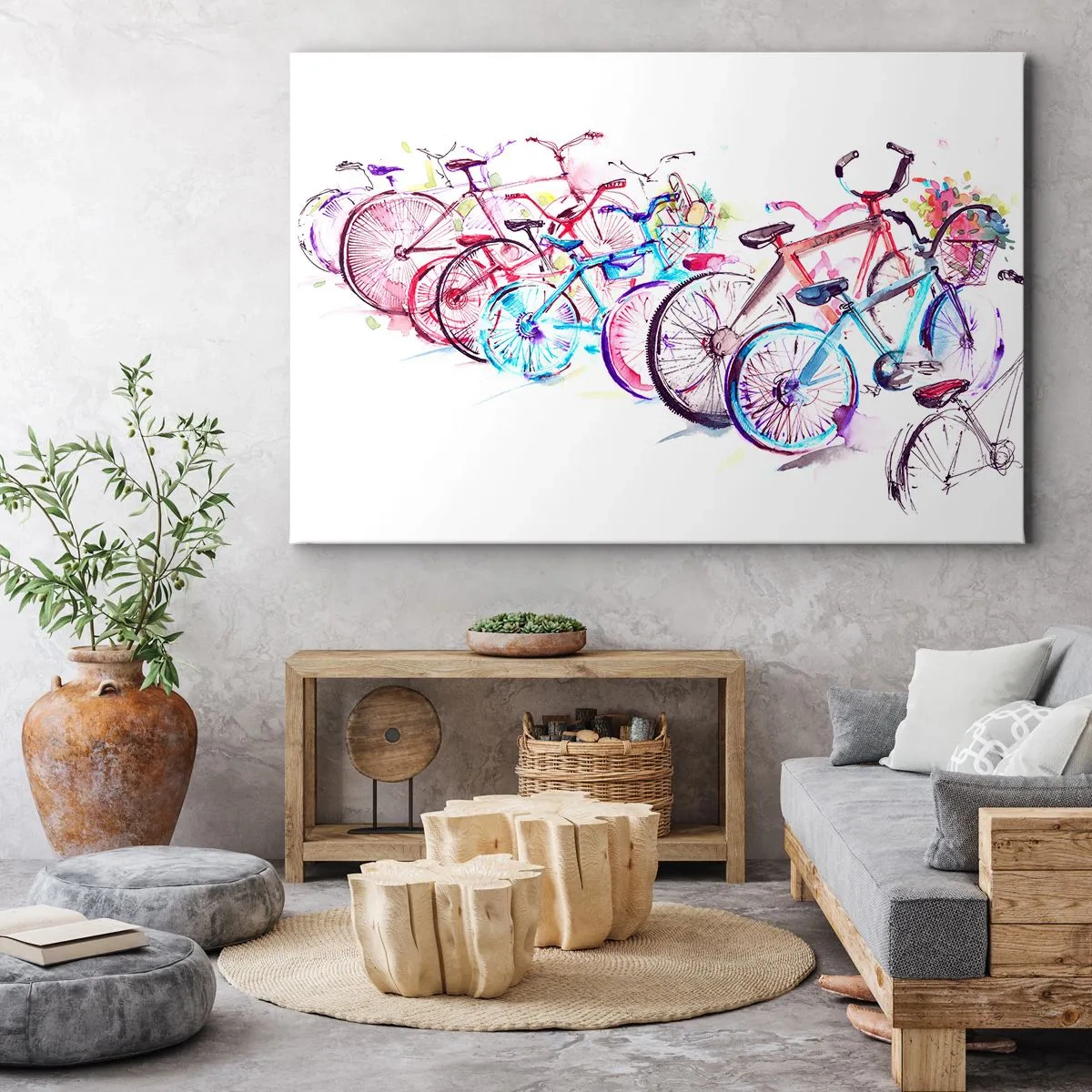 Canvastavla - Bild på duk - Färgglada cyklar i konstnärlig akvarellstil - 70x50cm - Antimotoklubbens träff - Modern väggdekoration för vardagsrum och sovrum ARTTOR