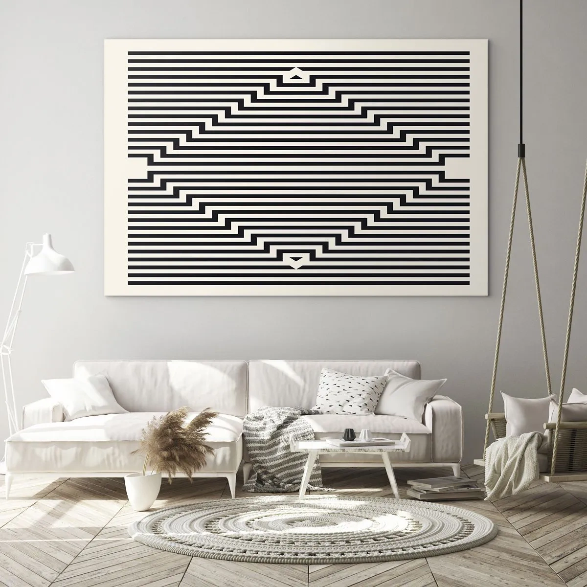 Glastavla - Bild på glas - Ett fascinerande mönster av svarta och vita linjer som skapar en illusion - 70x50cm - Geometrisk illusion - Modern väggdekoration för vardagsrum och sovrum ARTTOR