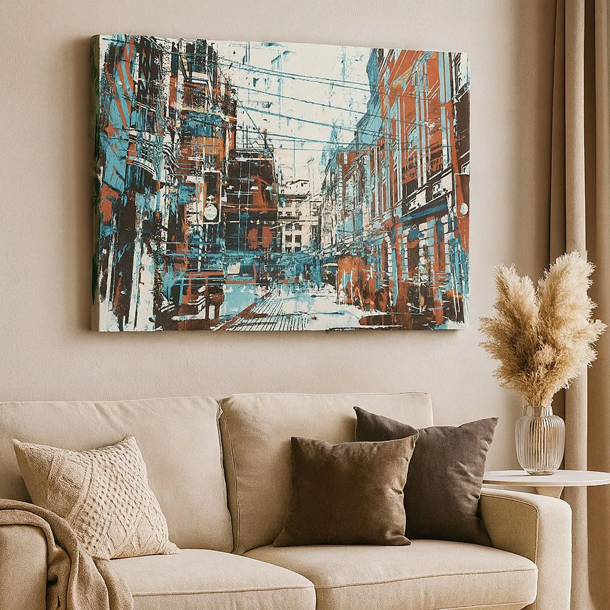 Canvastavla - Bild på duk - Ett stadslandskap i nyanser av blått och orange - 70x50cm - Igenkänd stadsled - Modern väggdekoration för vardagsrum och sovrum ARTTOR