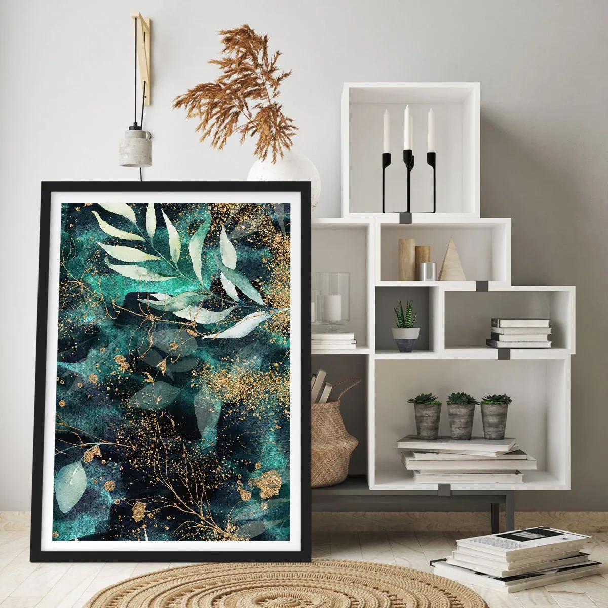 Affisch i svart ram - Gröna blad och guldfärgade accenter på en mörk bakgrund - 50x70cm - Förtrollad trädgård - Modern väggdekoration för vardagsrum och sovrum ARTTOR