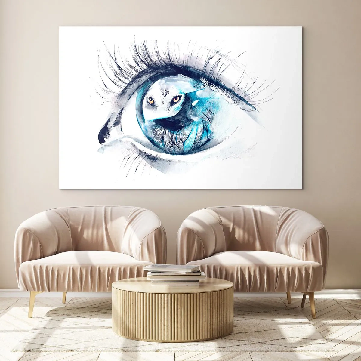 Glastavla - Bild på glas - Ett kvinnas öga med ett ugglemotiv i akvarellstil - 70x50cm - Öga mot öga med det vilda - Modern väggdekoration för vardagsrum och sovrum ARTTOR