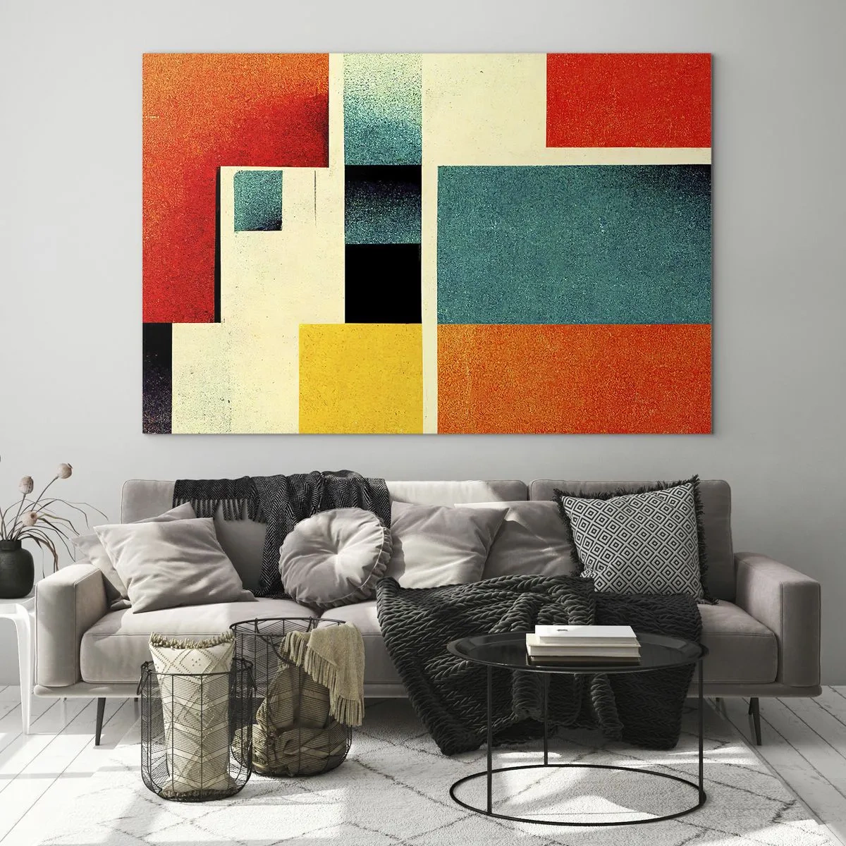 Glastavla - Bild på glas - Färgglada geometriska rektanglar i retrostil - 70x50cm - Geometrisk abstraktion - bra energi - Modern väggdekoration för vardagsrum och sovrum ARTTOR