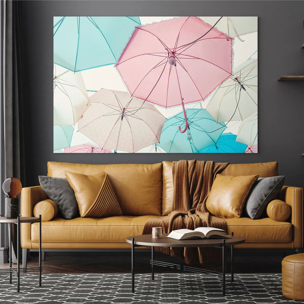 Glastavla - Bild på glas - Färgglada paraplyer som svävar i luften - 70x50cm - Ibland sol, ibland regn - Modern väggdekoration för vardagsrum och sovrum ARTTOR