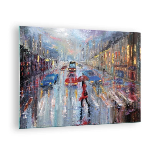 Glastavla - Bild på glas - Stadsbild på natten med regn och färgglada ljus - 70x50cm - Regnig eftermiddag i staden - Modern väggdekoration för vardagsrum och sovrum ARTTOR
