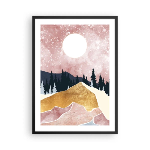 Affisch i svart ram - Abstrakt landskap med skog, berg och gyllene accenter - 50x70cm - Nattvakt - Modern väggdekoration för vardagsrum och sovrum ARTTOR