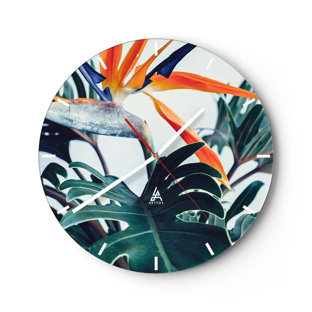 Väggklocka - Klocka på glas - Tropiska löv och en strelitziablomma på en ljus bakgrund - 30x30cm - Fågelbuske - Modern väggdekoration för vardagsrum, kök och sovrum ARTTOR