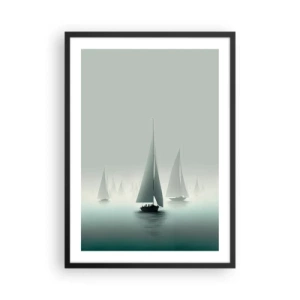 Affisch i svart ram - En grupp segelbåtar seglar på ett dimmigt hav, omgivna av lugnt vatten. - 50x70cm - Byggd av dimma - Modern väggdekoration för vardagsrum och sovrum ARTTOR