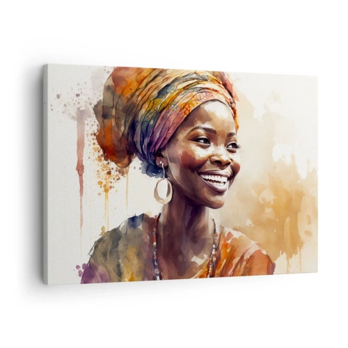 Canvastavla - Bild på duk - Porträtt av en leende kvinna i en färgglad halsduk i akvarell - 70x50cm - Afrikansk drottning - Modern väggdekoration för vardagsrum och sovrum ARTTOR